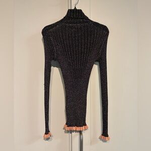 Chloé S Black Lurex Knit Turtleneck Sweater with Pink Ruffle Trim